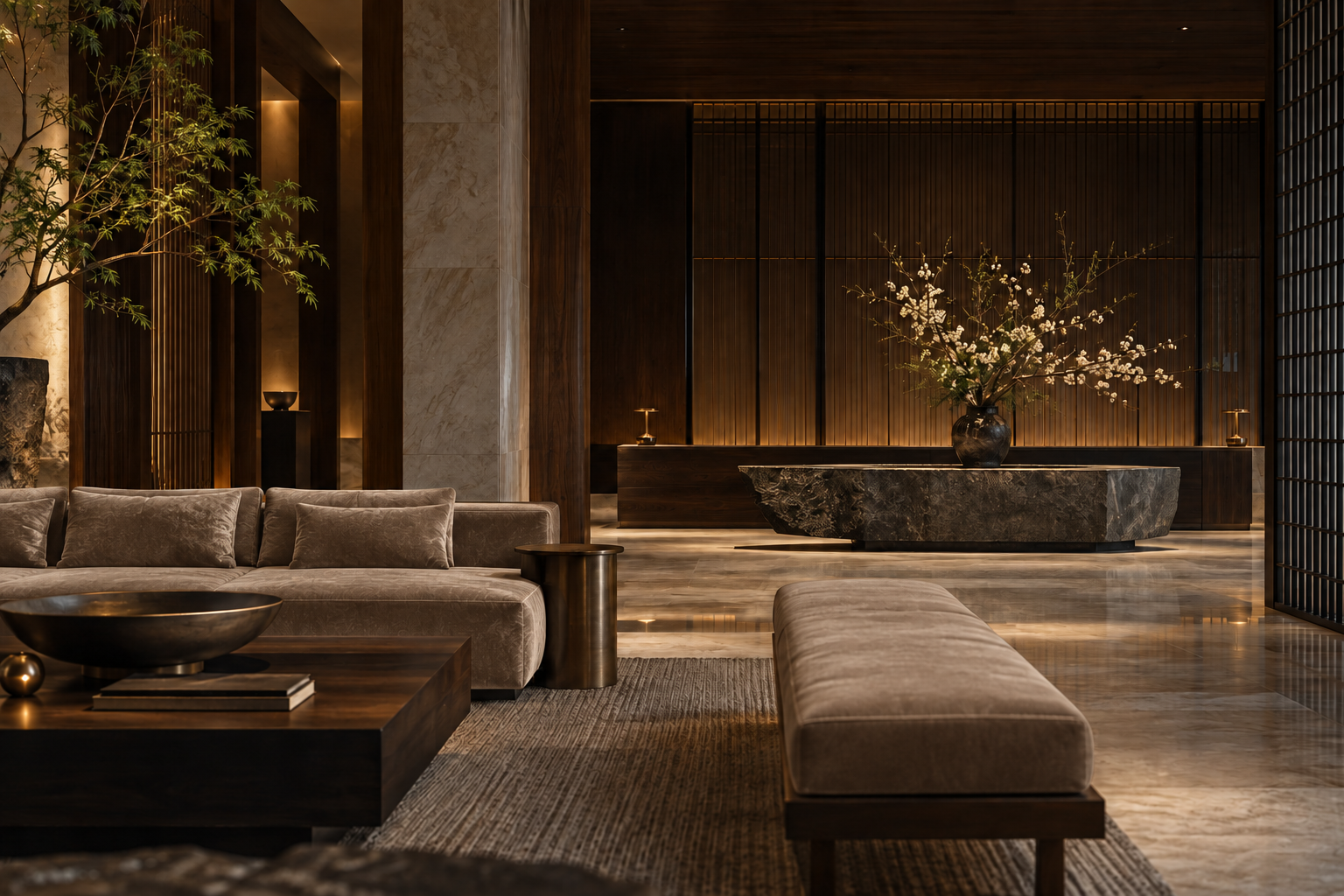 A boutique hotel lounge concept with champagne furnishings and warm wood.